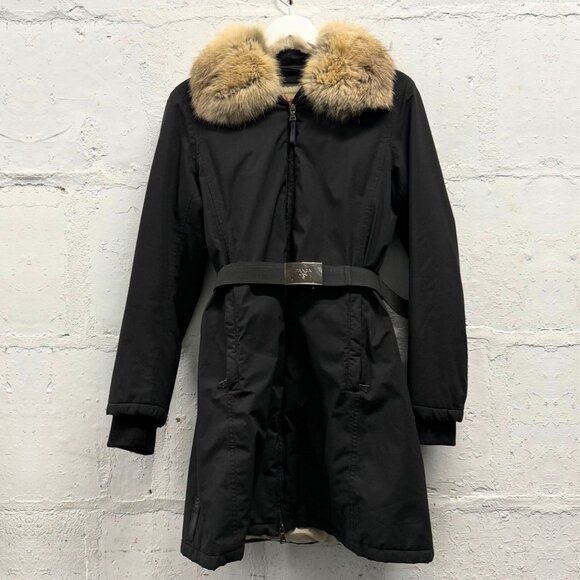 PRADA Black Gore-Tex Padded Fur Collar Belted Coat - Picture 1 of 16